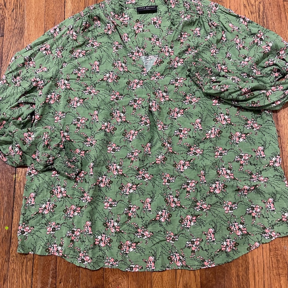 Lane Bryant Olive Green Floral V-Neck Blouse with Pink Accents